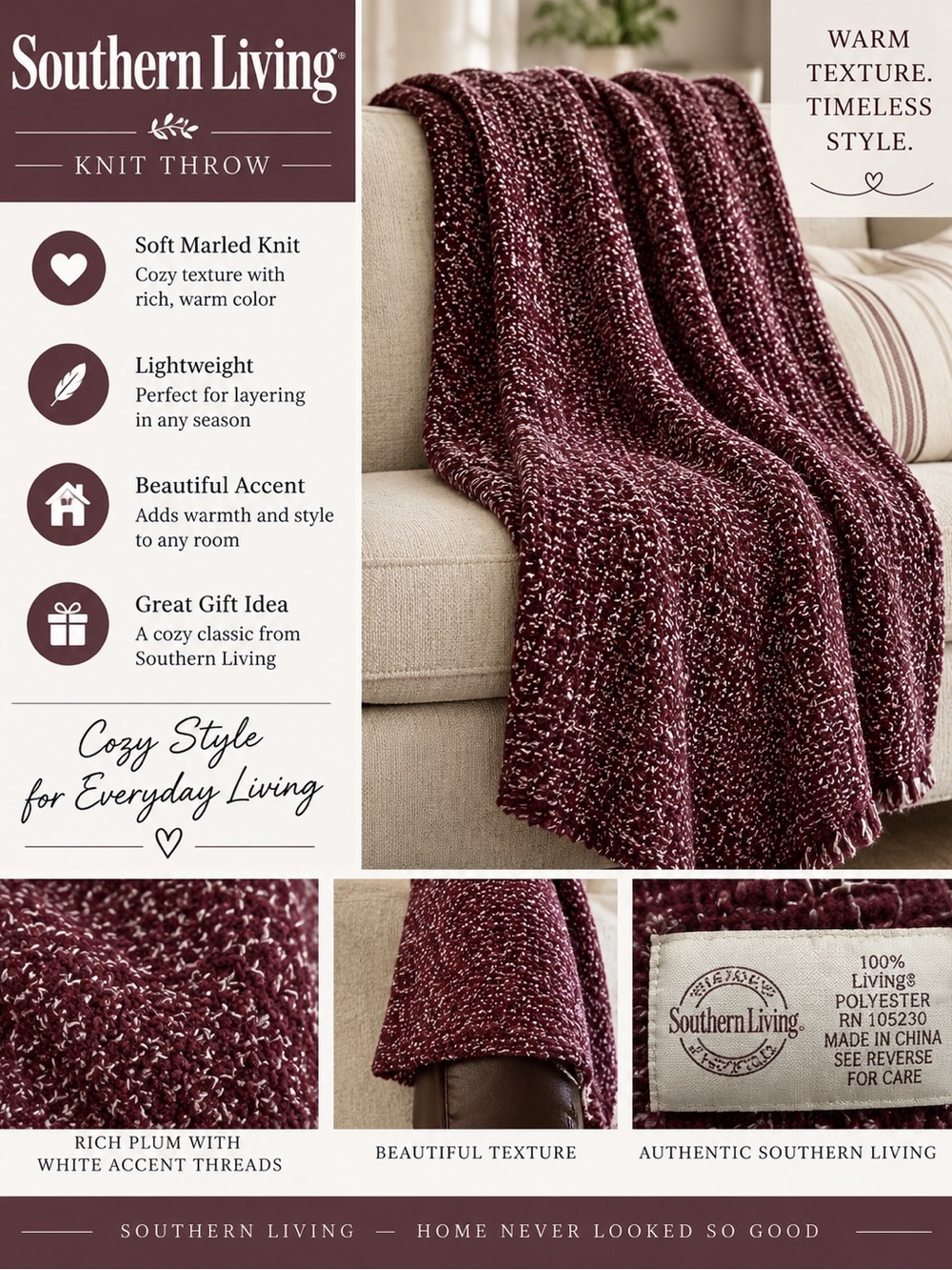 Southern Living Marled Plum & White Knit Throw Blanket 50” x 70”